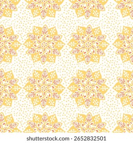 Padrão contínuo com ornamento mandala no fundo pontilhado amarelo. Tradicional árabe, motivos indianos. Ótimo para tecidos e têxteis, flores pontilhadas abstratas.