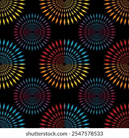 Nahtloses Muster mit Mandala-Ornament. Traditionelle arabische, indische Motive.Rot, gelb, blau, schwarz, Ideal für Stoff und Textilien, Tapeten, Verpackungen oder jede gewünschte Idee.