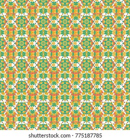 Seamless pattern mandala ornament. Tribal motifs. Vintage decorative elements in orange, green and white colors. Vector oriental background in saturated colors.
