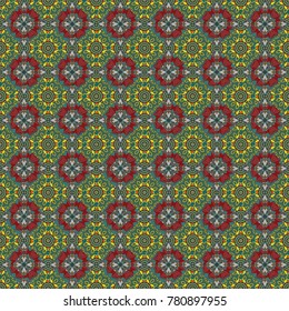 Seamless pattern mandala ornament. Tribal motifs. Vintage decorative elements in blue, green and red colors. Vector oriental background in saturated colors.