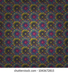 Seamless pattern mandala ornament. Vintage decorative elements in blue, violet and yellow colors. Vector oriental background in saturated colors. Tribal motifs.