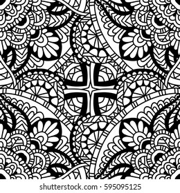 Seamless pattern mandala ornament. Vintage decorative elements. Hand drawn oriental background. Tribal motifs.