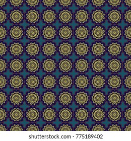 Seamless pattern mandala ornament. Vintage decorative elements in green, blue and black colors. Vector oriental background in saturated colors. Tribal motifs.