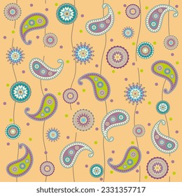 Seamless pattern, mandala, paisley and polka dot on orange background.