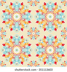 Seamless pattern with mandala round circular ornament, geometric floral pattern, decorative repeating fabric texture. Tribal ethnic motif, vector abstract background