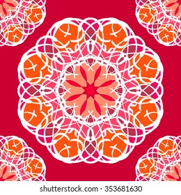 Seamless pattern with mandala round circular ornament, geometric floral pattern, decorative repeating fabric texture. Tribal ethnic motif, vector abstract background
