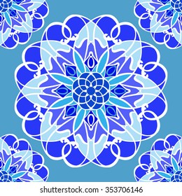 Seamless pattern with mandala round circular ornament, geometric floral pattern, decorative repeating fabric texture. Tribal ethnic motif, vector abstract background
