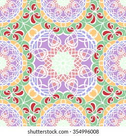 Seamless pattern with mandala round circular ornament, geometric floral pattern, decorative repeating fabric texture. Tribal ethnic motif, vector abstract background
