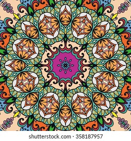 Seamless pattern with mandala round circular ornament, geometric floral pattern, decorative repeating fabric texture. Tribal ethnic motif, vector abstract background