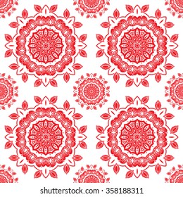 Seamless pattern with mandala round circular ornament, geometric floral pattern, decorative repeating fabric texture. Tribal ethnic motif, vector abstract background