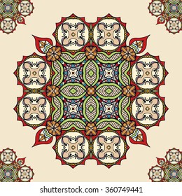 Seamless pattern with mandala round circular ornament, geometric floral pattern, decorative repeating fabric texture. Tribal ethnic motif, vector abstract background