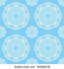 Seamless pattern with mandala round circular ornament, geometric floral pattern, decorative repeating fabric texture. Tribal ethnic motif, vector abstract background