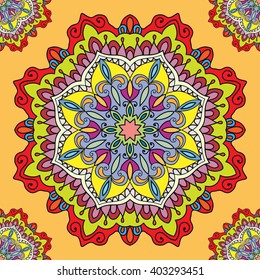 Seamless pattern with mandala round circular ornament, geometric floral pattern, decorative repeating fabric texture. Tribal ethnic motif, vector abstract background