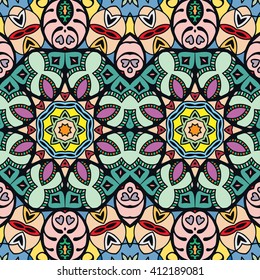 Seamless pattern with mandala round circular ornament, geometric floral pattern, decorative repeating fabric texture. Tribal ethnic motif, vector abstract background