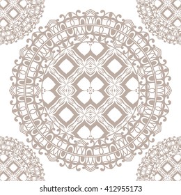Seamless pattern with mandala round circular ornament, geometric floral lace pattern, decorative repeating texture. Tribal ethnic arabic indian turkish motif, vector abstract background