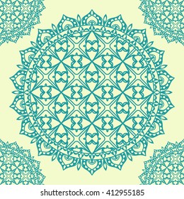 Seamless pattern with mandala round circular ornament, geometric floral lace pattern, decorative repeating texture. Tribal ethnic arabic indian turkish motif, vector abstract background