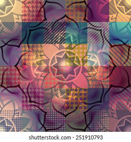  Seamless pattern of mandala symbol on background in patchwork style.