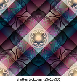 Seamless pattern of mandala symbols on plaid background.
