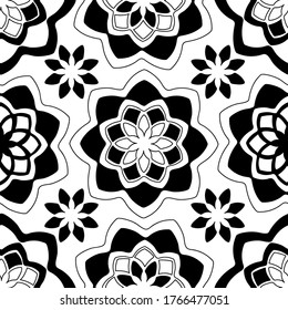 Seamless pattern with Mandala. Vintage decorative elements. Oriental pattern, Ethnic and tribal mandala. Black and white. Ornate curls. Hand drawn vector illustration