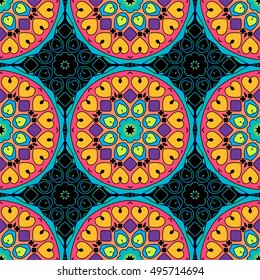 Seamless pattern with mandalas in beautiful bright colors. Vector background