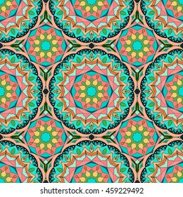 Seamless pattern with mandalas in beautiful colors for your design. Vector background