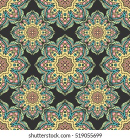 Seamless pattern with mandalas in beautiful colors for your design. Vector ornaments, background.