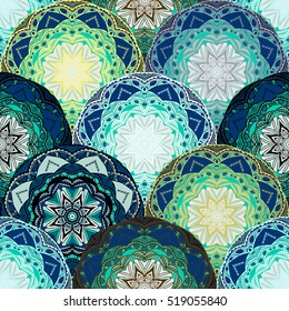 Seamless pattern with mandalas in beautiful colors for your design. Vector ornaments, background