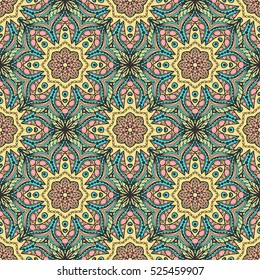 Seamless pattern with mandalas in beautiful colors. Vector background