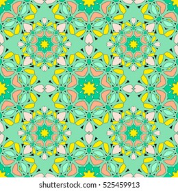 Seamless pattern with mandalas in beautiful colors. Vector background