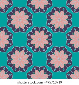 Seamless pattern with mandalas in beautiful trendy colors. Vector background