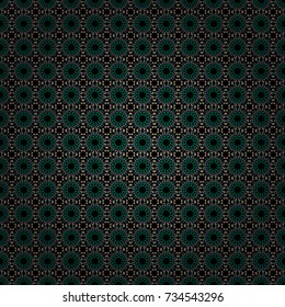 Seamless pattern with mandalas in beige, black and green colors. Cute vector background. Print for fabric and paper.
