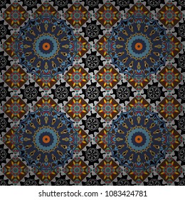Seamless pattern with mandalas in black, brown and blue colors. Cute vector background. Print for fabric and paper.
