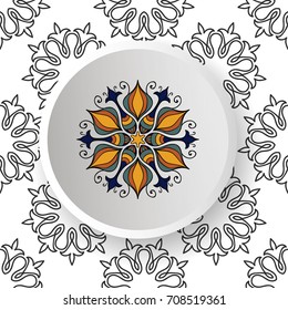 seamless pattern with mandalas, black and white pattern and plate with mandala, fashionable design, utensils with mandalas