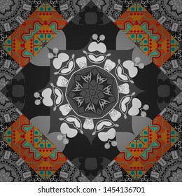 Seamless pattern with mandalas in blue, orange and gray colors. Print for fabric and paper. Cute vector background.