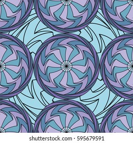 Seamless pattern of mandalas in blue and purple tones with a black stroke