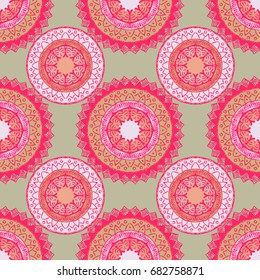 Seamless pattern with mandalas in bohemian style. Native American vector ornament painted with grunge brushes