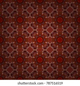 Seamless pattern with mandalas in brown, gray and red colors. Cute vector background. Print for fabric and paper.