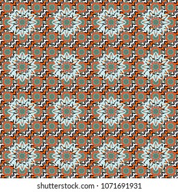 Seamless pattern with mandalas in gray, blue and orange colors. Cute vector background. Print for fabric and paper.