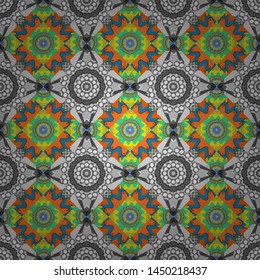 Seamless pattern with mandalas in gray, orange and brown colors. Cute vector background. Print for fabric and paper.