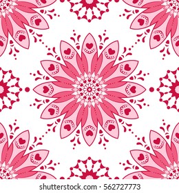 Seamless pattern of mandalas with hearts for design of fabric, wallpaper, template cards,wrapping paper, carpet. Hand drawn background. Vector illustration.
