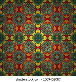 Seamless pattern with mandalas. Mystic background in blue, brown and orange colors. Vector textile print for bed linen, jacket, package design, fabric and fashion concepts.