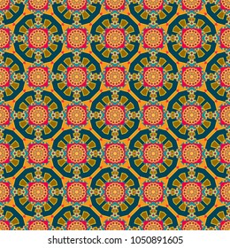 Seamless pattern with mandalas. Mystic background in yellow, brown and blue colors. Vector textile print for bed linen, jacket, package design, fabric and fashion concepts.