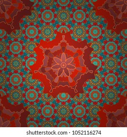 Seamless pattern with mandalas. Mystic background in blue, red and orange colors. Vector textile print for bed linen, jacket, package design, fabric and fashion concepts.