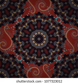Seamless pattern with mandalas. Mystic background in red, blue and black colors. Vector textile print for bed linen, jacket, package design, fabric and fashion concepts.