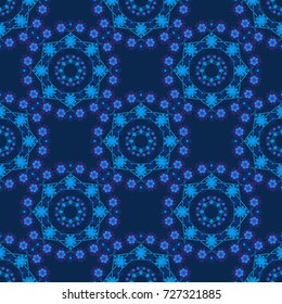 Seamless pattern with mandalas. Mystic background in violet, black and blue colors. Vector textile print for bed linen, jacket, package design, fabric and fashion concepts.