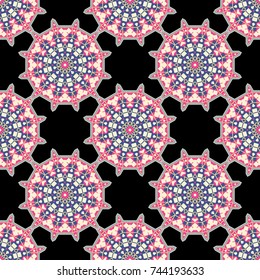 Seamless pattern with mandalas. Mystic background in violet, black and beige colors. Vector textile print for bed linen, jacket, package design, fabric and fashion concepts.