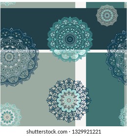 Seamless pattern - mandalas on a geometric background. Shades of blue and blue: turquoise, cyan, petrol with gray and beige - for the nursery, living room and hall.