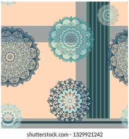 Seamless pattern - mandalas on a geometric background. Shades of blue and blue: turquoise, cyan, petrol with gray and beige - for the nursery, living room and hall.