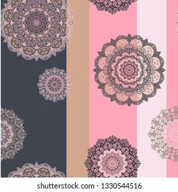 Seamless pattern - mandalas on a geometric background with beige, blue and pink stripes,  Shades of gray pink and beige - for the nursery, living room and hall.