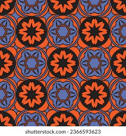 Seamless pattern with mandalas in orange and black colors. Seamless illustrated pattern made of abstract flowers elements in black and orange background.